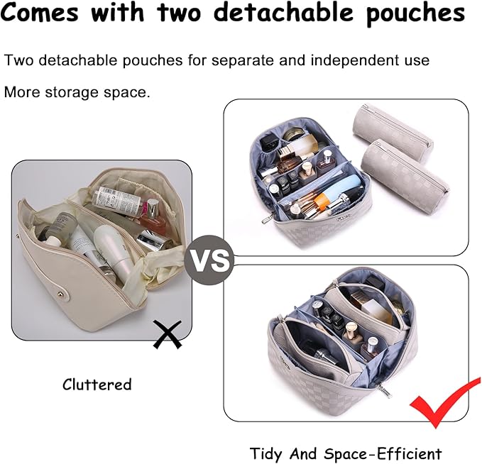 Travel Makeup Bag Organizer Cosmetic Bag: 3 Pcs Set Make up Bags for Women with Handle - Waterproof Vegan Leather Toiletry Bags with Comparments (C-13-Gray)