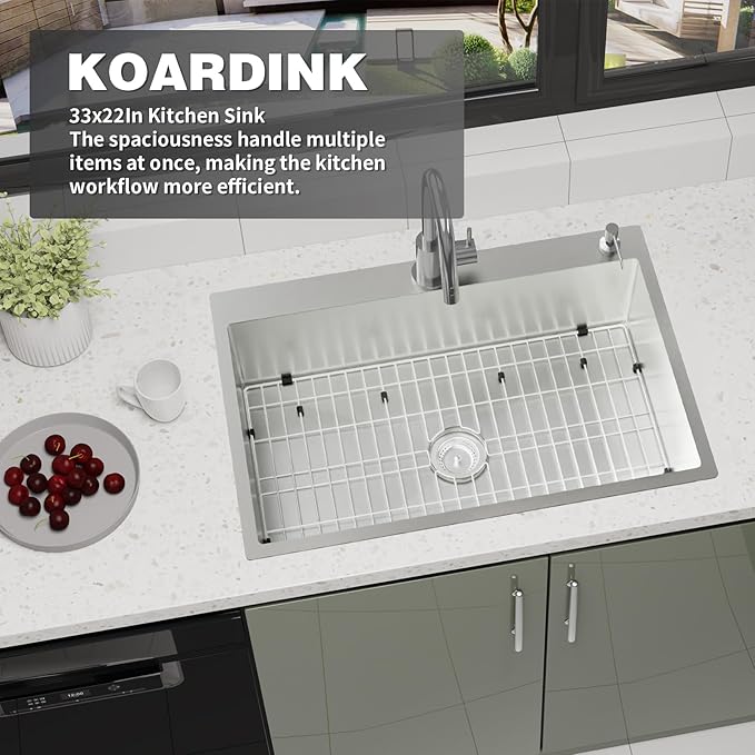 Stainless Steel Drop In 33x22 Inch Kitchen Sink - Modern Large Single Bowl Topmount Kitchen Sink Come With SS Grid,Silicon Mat,Drain Strainer Set Compatibility With Various Kitchen Styles