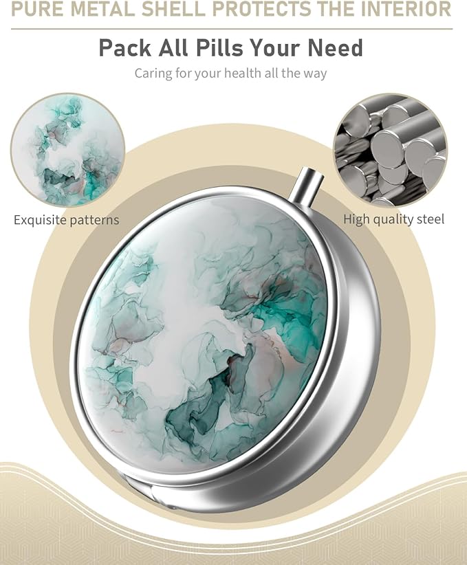 Pill Box, 3 Compartment Portable Travel Medicine Box with Mirror, Compact and Cute, Fits in Purse and Pocket, Medicine and Vitamin Organizer (Green White Marble)