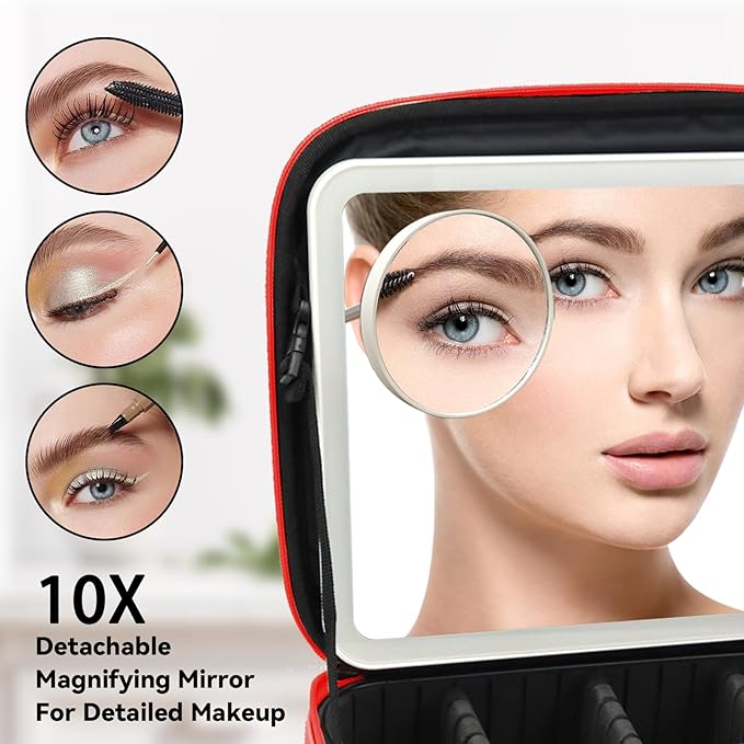 Travel Makeup Bag with LED Mirror and 10x magnifying glass with 3 Lighted Settings, Adjustable Dividers and Makeup Brush Storage Bag Red