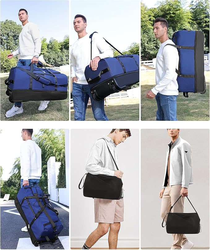 Rolling Duffle Bag with Wheels,110L/140L Expandable Soft-Sided Foldable Duffle Bag with 2 Rubber Wheels,Packable 32” Rolling Carry-On with Multi-Pockets & Compartments (Blue)