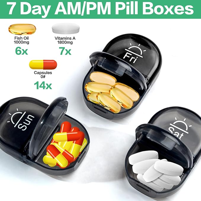 Serfeymi Weekly Travel Pill Organizer 2 Times A Day AM PM Upgraded Black Pill Box 7 Day with Portable Zipper Canvas Pill Case, Medicine Organizer for Pills, Vitamins, Supplements, Fish Oils - Grey 01