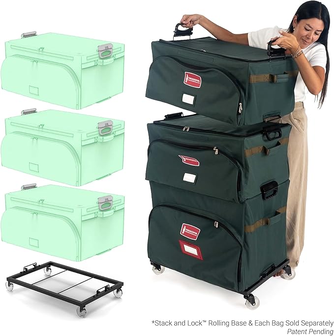 TreeKeeper Stack & Lock™ Adjustable Christmas Ornament Storage Box Holds 48 Ornaments up to 6 Inches Tall by Any Width/Length, 2 Removable Trays with Moving Dividers