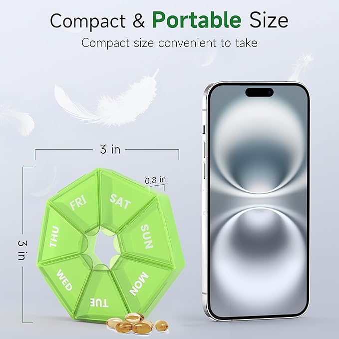 Weekly Pill Organizer, 2 Pack Portable Pill Box Medicine case 6 Colors (Seven Day) New Edition for Vitamin/Fish Oil/Pills/Supplements-Arthritis Friendly (Green)