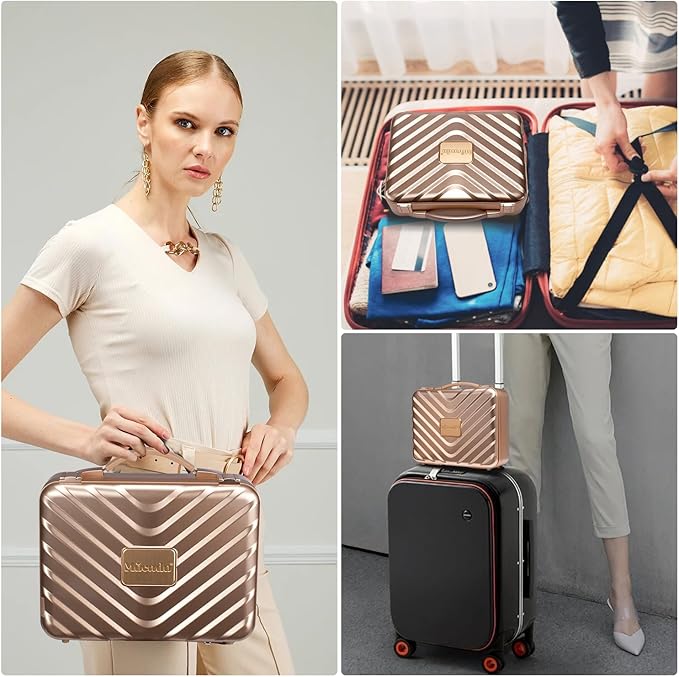 Mocado Travel Makeup Case with Lighted Mirror, Makeup Box with 8 Makeup Brushes and 10x Magnifying Mirror, Adjustable Brightness Makeup Train Case with Makeup Brushes Divider(Rose Gold)