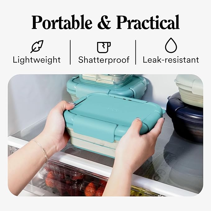 STOJO Collapsible Bento Box, Reusable, Leak-Proof, Microwave & Dishwasher Safe, Premium Lunch Container with Divider – Space-Saving, Transparent Design (Eucalyptus, 6-Cup/1.5L)
