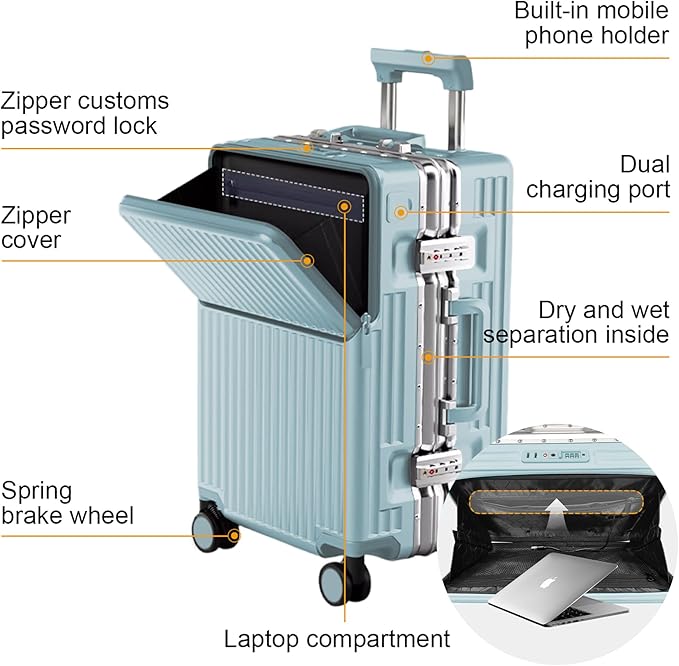 Hard Shell Luggage 20 Inch Travel Luggage, 22x14x9 Airline Approved with TSA Lock, PC+ABS Aluminum Frame, Lightweight Travel Luggage 20'' 24'' 26''Carry-On (upgraded blue, 20 inch)