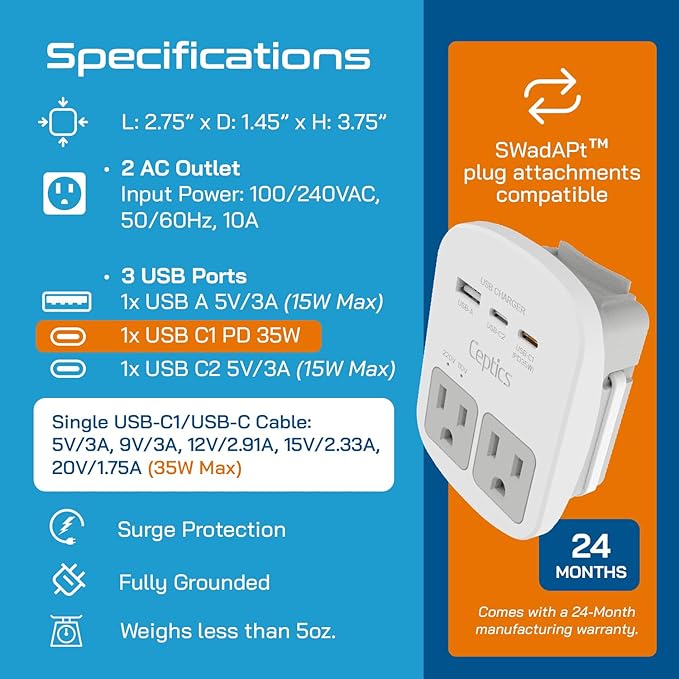 Ceptics Universal Travel Adapter Kit – 2 USA sockets, USB-A, USBC, 1x PD 35W USB-C and USBC Cable, Surge Protected, Plugs for EU, UK, China, AU, Japan - Use with Laptop, Phones, Cameras - ETL Tested