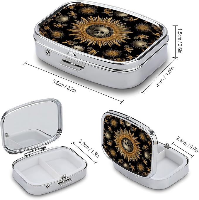 Metal 2 Compartment Pill Organizer Travel Friendly Portable Compact Pill Box Cute Pill Case,for Pocket Wallets Daily Portable Medicine Vitamin Tablet Storage (The Skeleton in The Center)