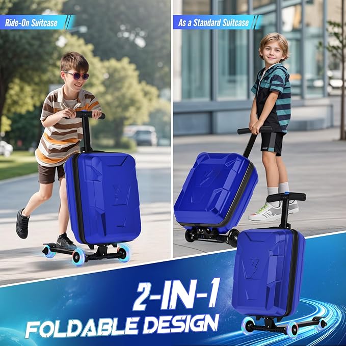 smilesun Scooter Suitcase for Kids & Adults, Foldable Carry On Travel Luggage, Hardside Ride on Scooter Suitcase with LED Light up Wheels，Blue