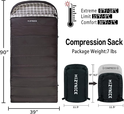 0 Degree Sleeping Bag 100% Cotton Flannel XXL for Adults Big and Tall Cold Weather Winter Zero Degree Camping,Free Compression Sack