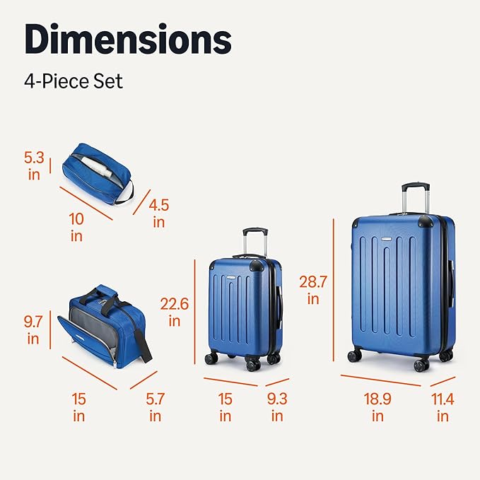 Amazon Basics 4-Piece Luggage Set, Including Two Hardside Suitcases With Multi-directional Spinner Wheels (22" Carry-On and 28" Checked), 15" Tote Bag and 10" Compact Travel Bag, Navy Blue