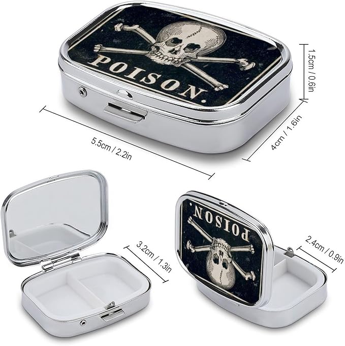 Metal 2 Compartment Pill Organizer Travel Friendly Portable Compact Pill Box Cute Pill Case to Hold Vitamins,Fish Oil,Supplements,Meds,Tablet for Purse,Pocket. (A Skeleton with a Black Background)