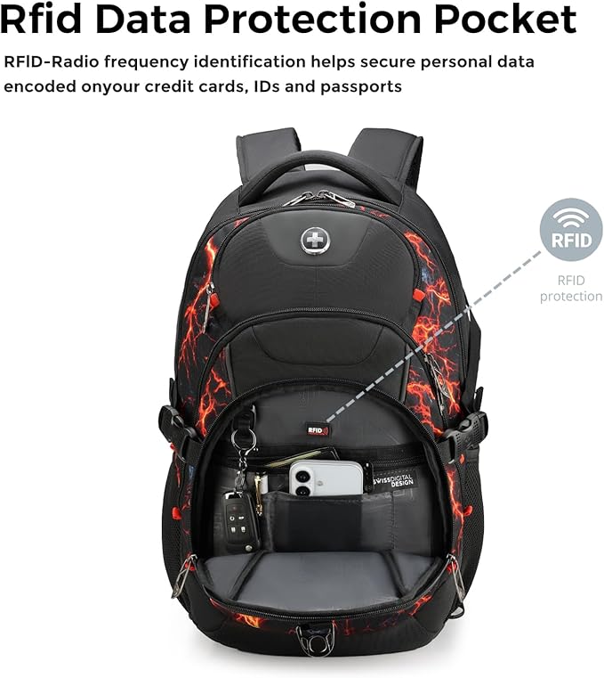 Swissdigital Laptop Backpack with USB Charging Port, Travel Backpack Fits 15.6 inches Computer, 31L Backpack for Men, Flame Red | SD803