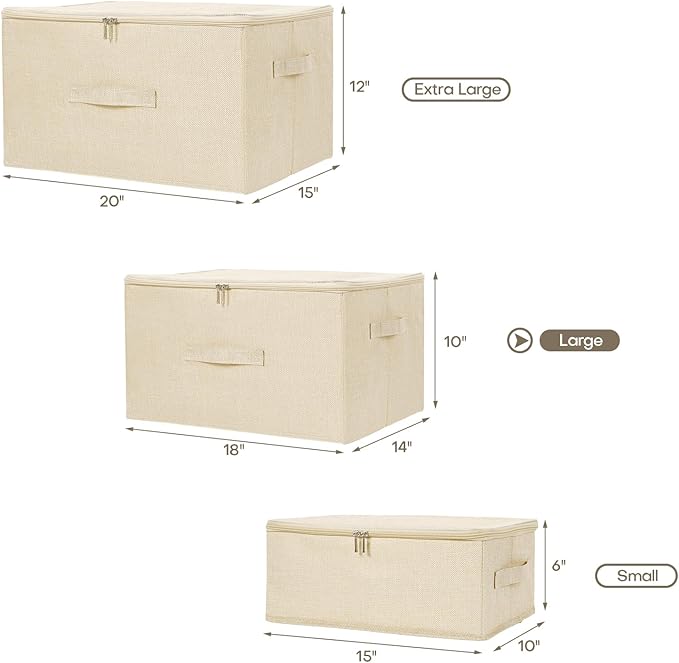 ANMINY 3PCS Storage Bins with Zipper Lids 51.9 Qt Lidded Fabric Storage Boxes Baskets Cubes with Handles Collapsible Washable Cotton Linen Closet Shelf Clothes Organizer - Beige, Extra Large
