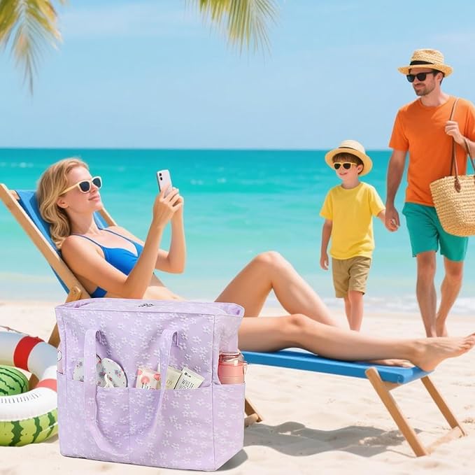 LEDAOU Large Beach Tote Bag Women Waterproof Sandproof Zipper Beach Tote Bag for Pool Gym Grocery Travel with Wet Pocket