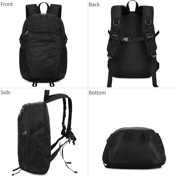 Small Hiking Daypack,15L Water-Resistant Hiking Backpack Packable Lightweight Travel Day Pack for Women Men (Black, Small)