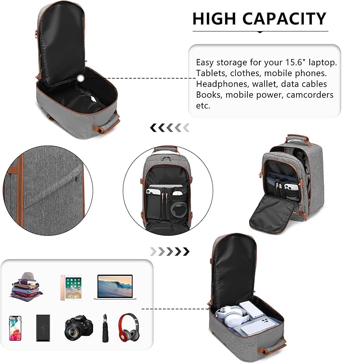 Kono Carry on Backpack, 16" Airplane Approved Under Seat Travel Backpack for Men and Women, Waterproof Lightweight Daypack for Flight 20L (Grey/Brown, Small)