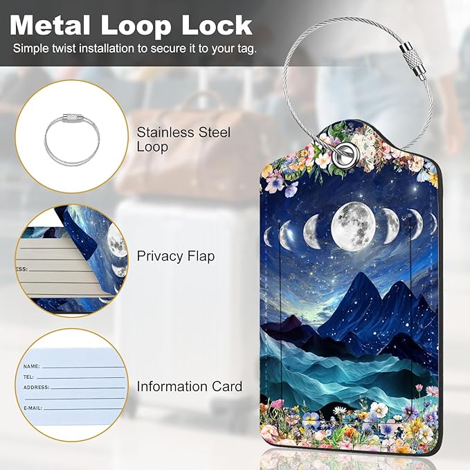 2Pack Luggage Tags for Suitcases, Cute Unique Pu Leather Cruise Luggage Tag with Privacy Cover ID Label Address Card and Metal Ring Suitable for Women Men Kids Travel Bag Mountains and The Moon