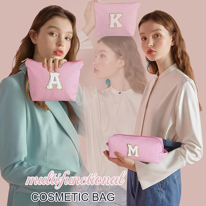 YOOLIFE Makeup Bag for Women, Personalized Initial Cute Makeup Pouch for Girlfriend Bridesmaid Wife | Cosmetic Travel Toiletry Bag for Friend Female Sister | Birthday Gift Idea for Her Mom Pink F