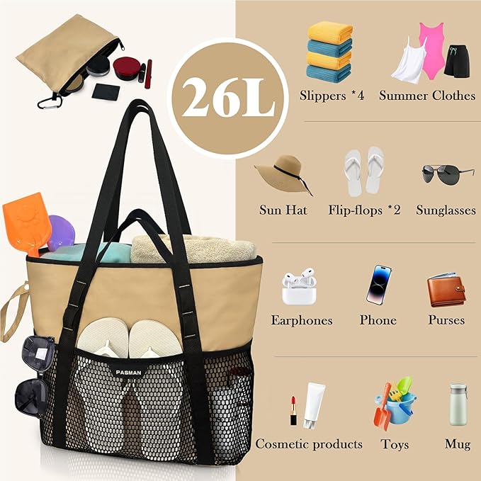 Beach Bag with Zipper - 8 Pockets Sandproof Beach Tote Bag for Women,Foldable Lightweight Family Swim Bag Vacation