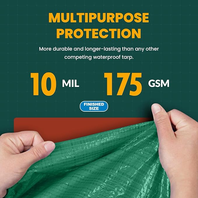 Large Waterproof Tarp - Heavy Duty 10 Mil Thick Poly Tarpaulin Ideal for Canopy Tents, Boats, RV or Pool Covers - Multipurpose Protective Tarps with Grommets for Indoor and Outdoor Use | 24' x 24'