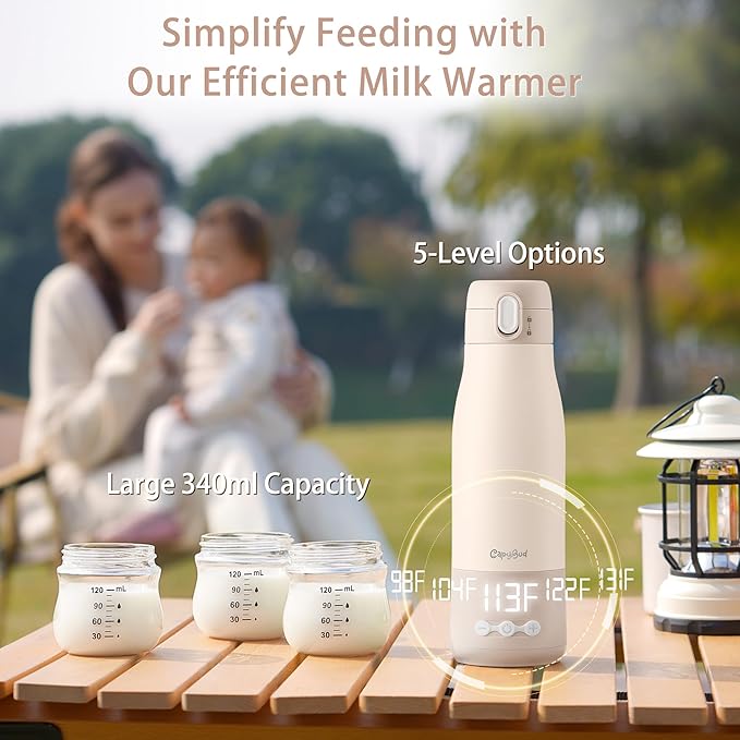 Portable Bottle Warmer for Travel, 12 Oz Milk Warmer for Breastmilk Formula Water, Fast Heating & 5-Level Temperature Control, USB Rechargeable & Long Battery Life for Car Airplane On The Go