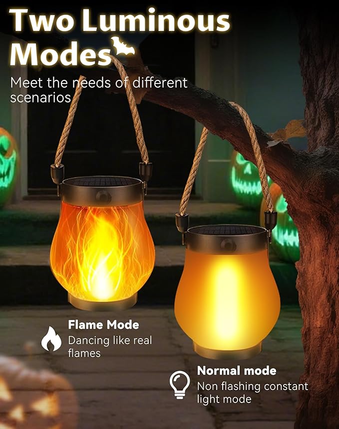 Kaliqo Solar Lantern Outdoor Lights - Official, Waterproof Kaliqo Solar Flame Lights Hangable with Dancing Flame, Hemp Rope Hanging Flame Lanterns,Dual Charging Modes, Smokeless (2pcs)