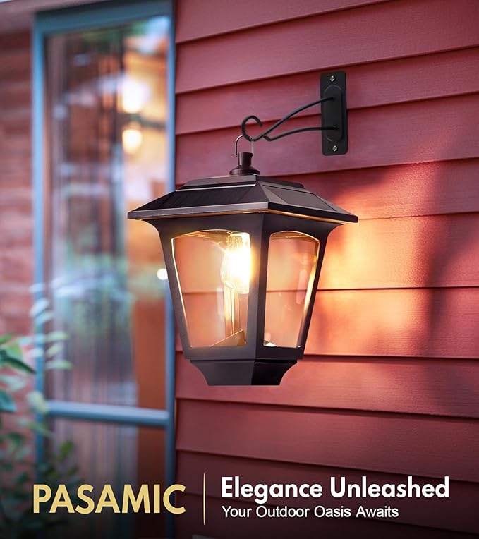 PASAMIC 2 Pack Solar Wall Lights with Replaceable Bulb, IP65 Waterproof Outdoor Sconce, 4 Solar Panels, 3000K Warm White, Automatic Dusk to Dawn Lighting for Porch, Garden, Patio, Garage, Fence