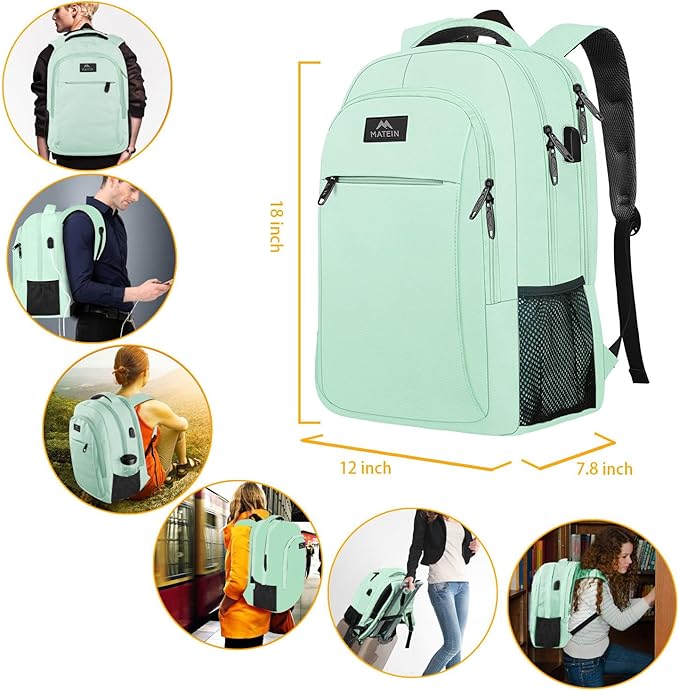 MATEIN 15.6-Inch Laptop Backpack with USB Charging Port, Slim Lightweight Water Resistant Travel Backpack for Women