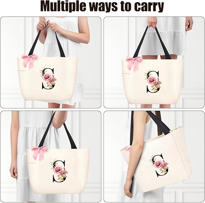 Vavabox Tote Bag, A-Z Initial Monogrammed Waterproof Tote Bag, Bridesmaid Gifts for Women, Black and Pink