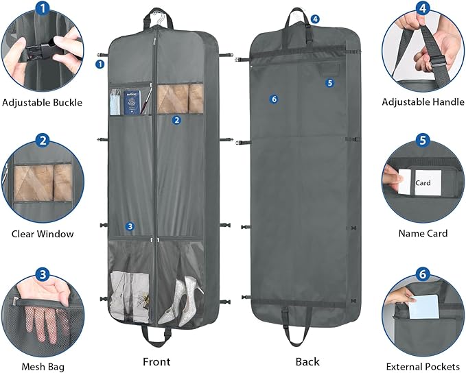 Zilink 60" Long Garment Bags for Travel Waterproof Dress Bags for Gowns Hanging Dress Bags for Closet Storage with Adjustable Handles and Stable Buckles for Dresses Suit Coats Tuxedos, Grey