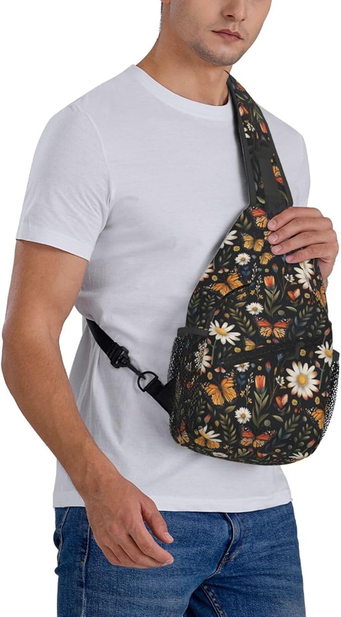 SUPLUCHOM Sling Bag Vintage Butterfly Daisy Leaf Hiking Daypack Crossbody Shoulder Backpack Travel Chest Pack for Men Women