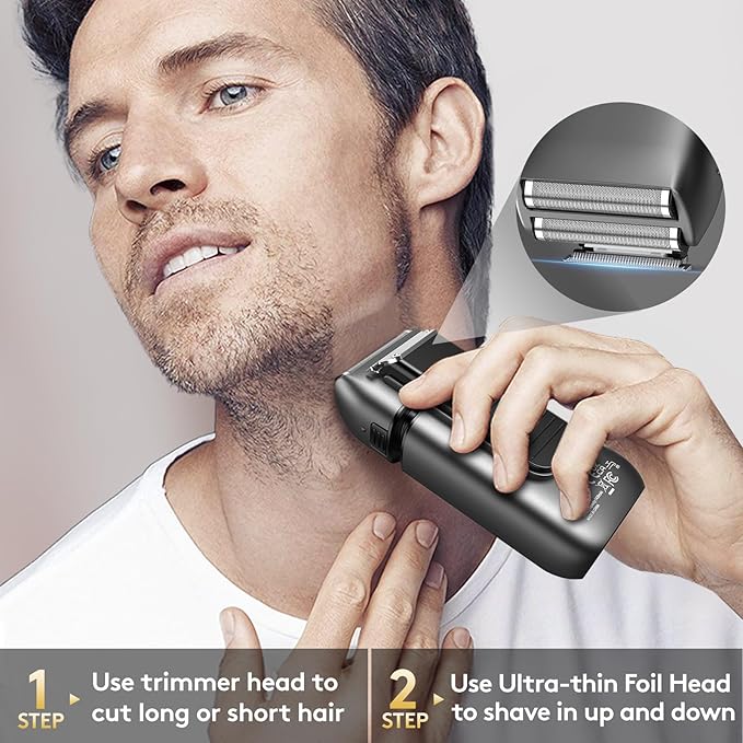 Brightup Foil Shaver, Mens Electric Razor, Shavers for Men with Trimmer, Cordless USB-C Rechargeable Waterproof Double Floating Blades for Close Shaving Face, 2 Speed, LED Display&Travel Pouch, Gray