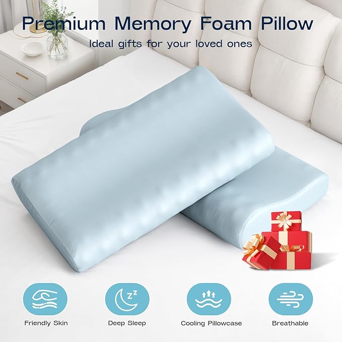Cervical Neck Pillow for Sleeping - Memory Foam Pillows, Orthopedic Pillow for Neck and Shoulder Pain, Adjustable Cooling Contour Pillow (Misty Blue, Queen)