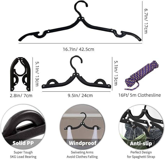 24 Pcs Black Travel Hangers Foldable for Suitcase, Portable Folding Clothes Hangers with Clothesline Travel Accessories, Cruise Ship Essentials Portable Foldable Hangers Drying Rack