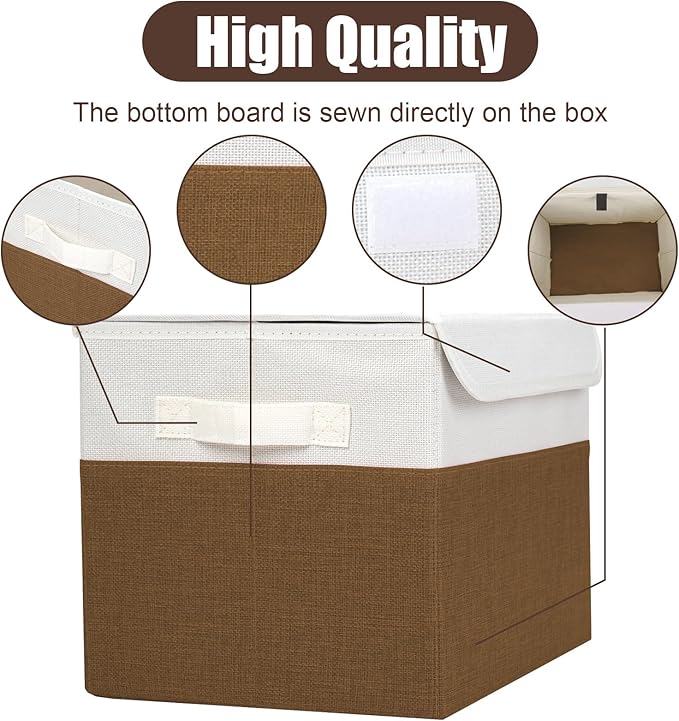 Large 22 Quart Linen Fabric Foldable Storage Bin Cube Organizer Basket with Flip-Top Lid & Handles, Clothes Blanket Box for Home, Office, Closet, Brown & White, 4 Pack 14.6 x 9.5 x 9.5