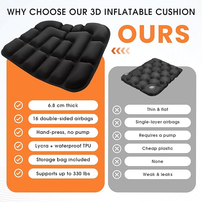 3D Inflatable Seat Cushion for Airplane Travel - Portable Air Seats Pad Pressure Relief with Storage Bag for Long Flights Car Office Camping Wheelchair Stadium Bleacher, No Pump Required, Black