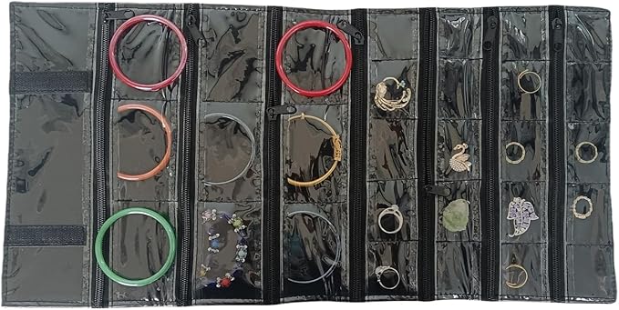Travel Jewelry Roll Bag Portable Organizer Pouch With Grids&PVC Cover Storage Bags for Necklace, Bracelet, Bracelet,Ring, Badge, Pendant