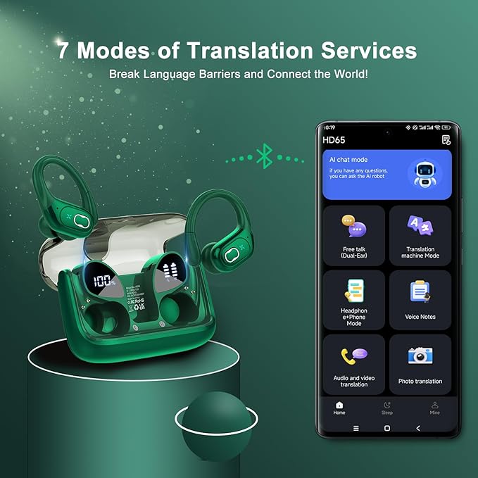 AI Translation Earbuds Real Time, 164 Language Translator Earbud 3-in-1 Bluetooth 5.4 Translator Earbuds with 6 Translation Modes, 75H Translators Headphones with APP for Travel Business, Dark Green