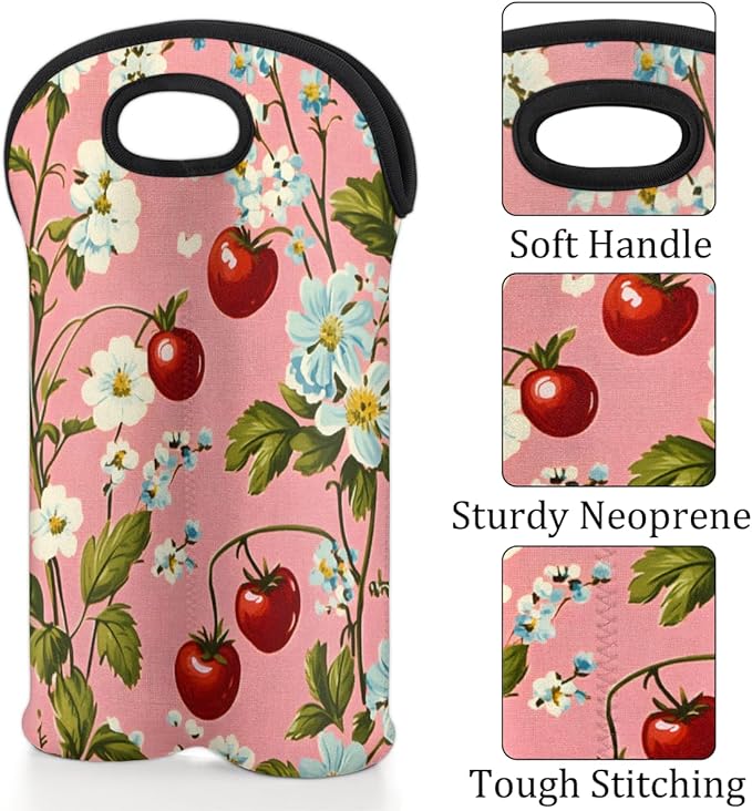 Neoprene Wine Tote, Bottle Carrier Gag Insulating Neoprene Thicker, Insulated Wine Bag for Travel Holds Two Bottles, Bottle Carrier Bags Protect the Bottles, Flower Cherry
