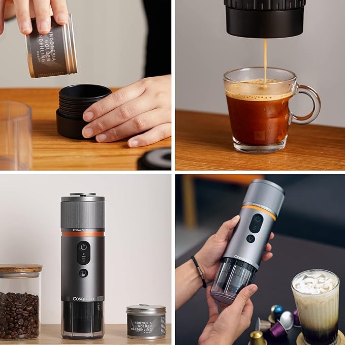 CONQUECO Portable Espresso Coffee Machine: 12V Electric Small Travel Expresso Maker - Self Heating 8 Cups Battery Powered Compatible for Nespresso Capsule - for Camping RV Hiking Office (Smoke Blue)