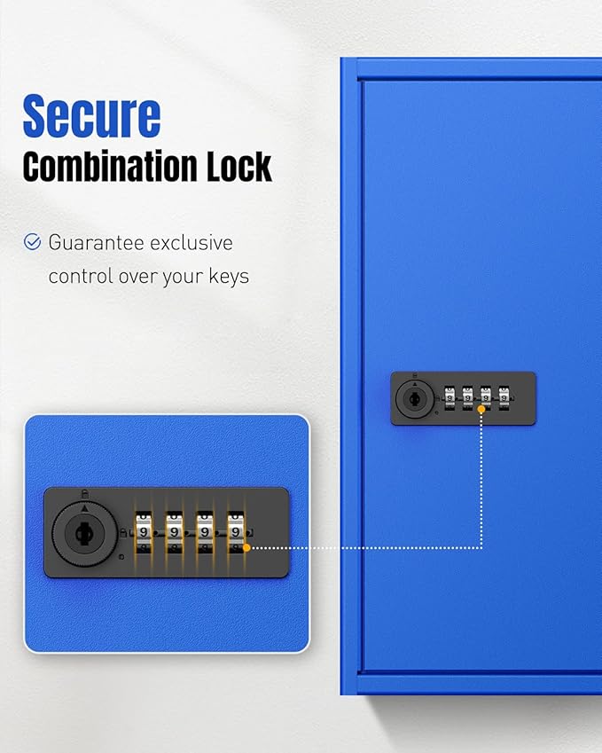 Uniclife 60 Keys Key Lock Box with Code, Wall Mount Key Box, Key Cabinet with Key Racks and Tags, Lock Box for Keys, Key Lockbox, Key Storage Box for Home Office & Company, Blue