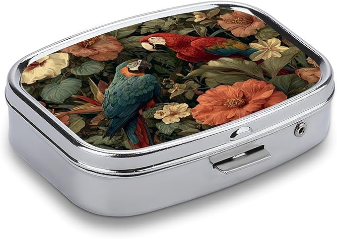 Metal 2 Compartment Pill Organizer Travel Friendly Portable Compact Pill Box Cute Pill Case,for Pocket Wallets Daily Portable Medicine Vitamin Tablet Storage (Parrot)