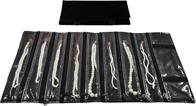 Travel Jewelry Roll Bag Portable Organizer Pouch With Grids&PVC Cover Storage Bags for Necklace, Bracelet, Bracelet,Ring, Badge, Pendant