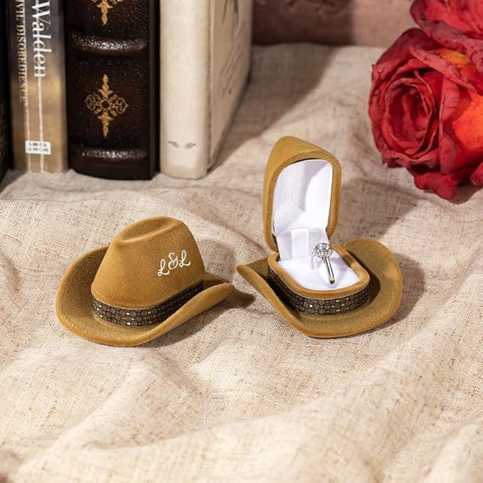 Custom Vintage Brown Cowboy Hat Jewelry Box - Decorative Ring Holder for Wedding and Engagement Rings - Elegant Storage Case and Gift for Western-Themed Ceremonies and Proposals