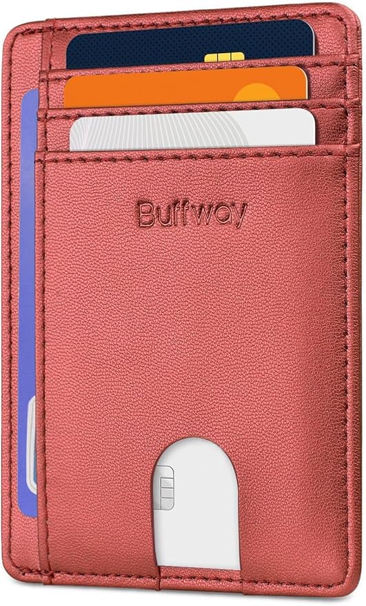 Buffway Slim Minimalist Front Pocket RFID Blocking Leather Wallets for Men and Women - Sand Rose Gold