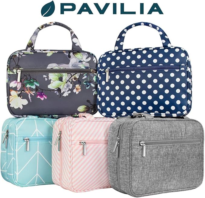 PAVILIA Hanging Toiletry Bag Travel Bag Women Men, Foldable Cosmetic Organizer, Roll up Makeup Bag, Water Resistant Accessories Toiletries, Large Travel Essentials Kit (Teal Chevron)