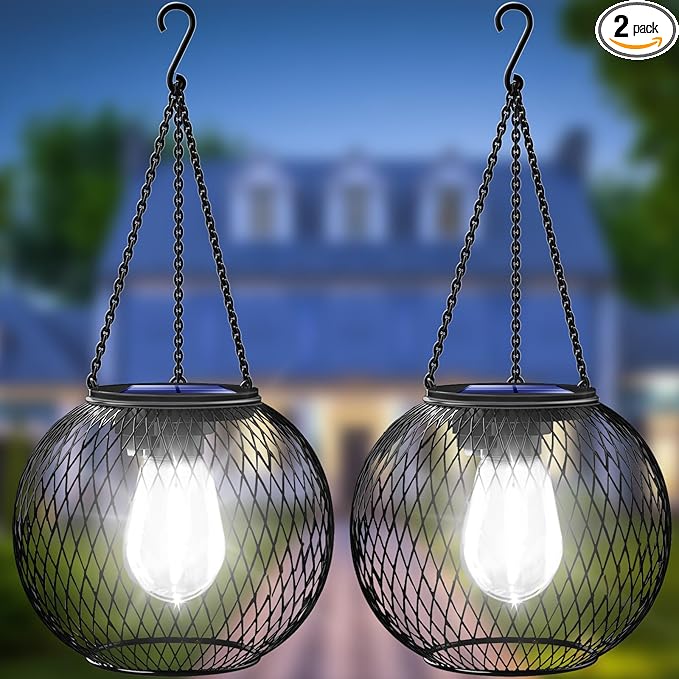 UBright Solar Lantern Lights Outdoor Waterproof Metal Hanging Solar Lights for Outside Outdoor Lanterns Decorative for Garden Yard Patio 2 Pack,Cool White