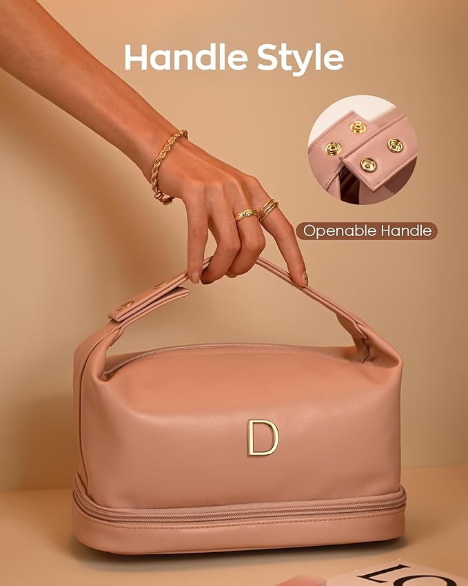 Customized Gifts-Women Gifts, Personalized Makeup Bag with Handle, Initial Double Layer Cosmetic Bag with Makeup Brush Organizer, PU Leather Travel Toiletry Bag, Gifts for Friends Female Mom